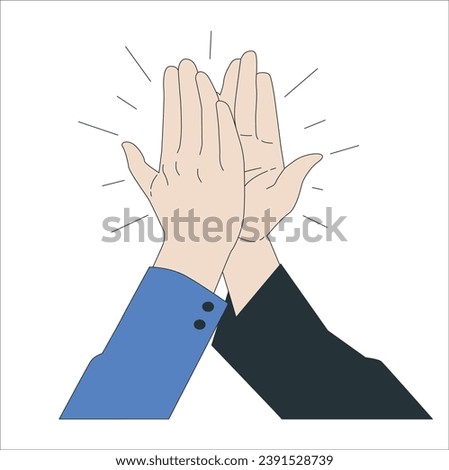 Two hands giving high five, clapping palms icon. Biracial arms slap, greeting hi gesture of friends. Partners congratulation with great deal. Flat vector illustration isolated on white background 2468