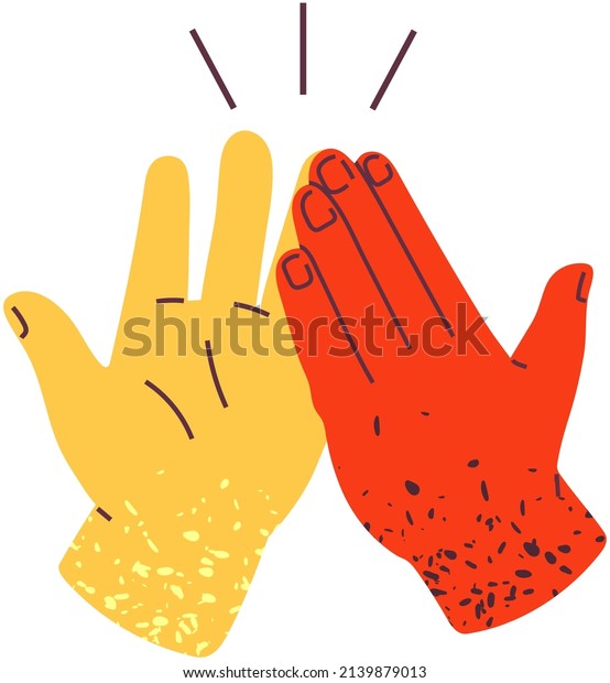 Two hands giving high five for great work. Red\
and yellow interracial arms clap each other. People team give hand\
slapping gesture isolated on white background. High five as symbol\
of friendship