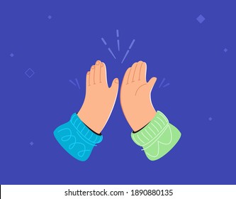 Two hands are giving a high-five. Concept vector illustration of hands gesture high five isolated on blue background. Greetings symbol of human hands friendly clapping and cheering