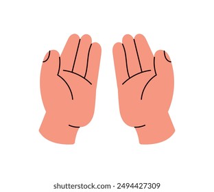 Two hands, giving, lending hand, reaching for help, care and support, two arms, volunteer, hand giving, open and greeting palms, supportive friend assistance flat vector illustration.