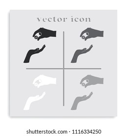 Two hands giving a money flat black and white vector icon.