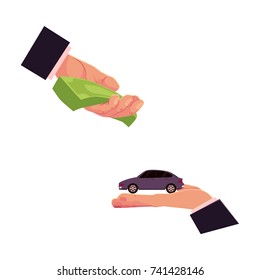 Two hands, giving money and holding a car, automobile selling, leasing, buying concept, cartoon vector illustration on white background. Car purchase, rental, insurance concept with giving hands