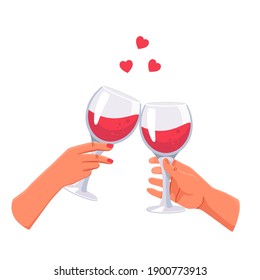 Two hands with a glass of wine clink glasses. Use it as a symbol of love, dating, or a relationship between a man and a woman. Valentine with hearts, icon, isolated stock vector illustration 