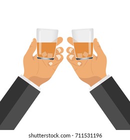 Two hands with glasses with a drink. Clinking glasses. Flat design, vector illustration, vector.