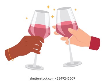 Two hands with glasses of rose wine. Cheers! Vector graphic.