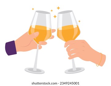 Two hands with glasses of white wine. Cheers! Vector graphic.