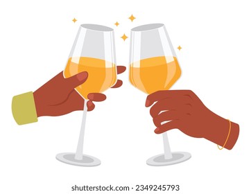 Two hands with glasses of white wine. Cheers! Vector graphic.