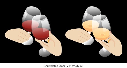 
Two hands with glasses of wine. Set of isolated vector illustrations