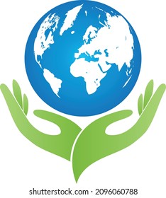 Two hands and globe, earth and recycling logo 