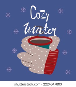 Dos manos en guantes sosteniendo una taza de bebida caliente. Magnífica ilustración de invierno. Ilustración de dibujos animados planos vectoriales coloridos. 