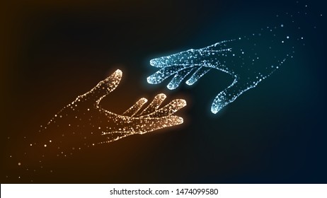 Two hands of glowing particles, orange and blue, help, support