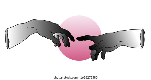 Two hands going to touch together. Simple line art style illustration for tattoo or fashion print design.