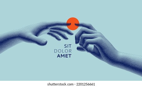 Two hands hands going to touch together. Concept of human relation, togetherness, partnership, connection, contact or network. 3d vector for banner, poster, cover, brochure or presentation. 