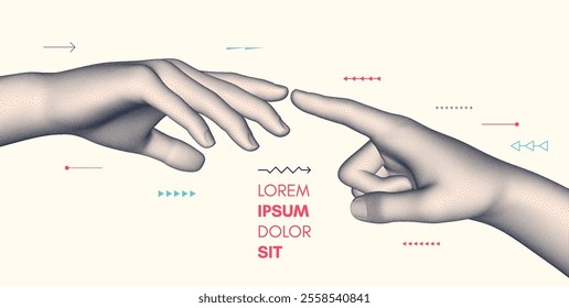 Two hands hands going to touch together. Concept of human relation, togetherness, partnership, connection, contact or network. 3d vector for banner, poster, cover, brochure or presentation. 