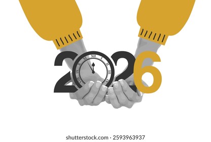 Two hands grasp a clock beneath the year 2026, symbolizing the passing of time and the anticipation of new opportunities and growth in the coming year.