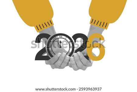 Two hands grasp a clock beneath the year 2026, symbolizing the passing of time and the anticipation of new opportunities and growth in the coming year.