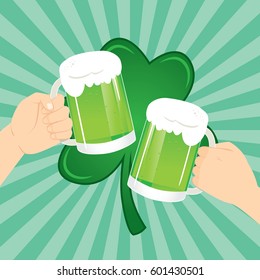 Two hands with green beer mugs toasting celebrating st Patrick day