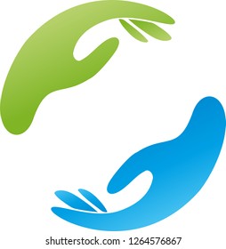 Two hands in green and blue logo