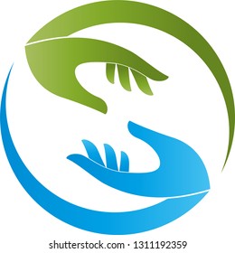 Zwei Hände auf Grün und Blau Logo