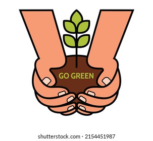 Two Hands with green plant on the white background. Environment concept. Vector illustration.