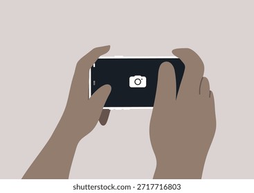 Dos manos agarran una cámara de teléfono móvil, lista para capturar un hermoso momento en una atmósfera tranquila, mostrando el arte de la vida cotidiana y la alegría de la expresión creativa.
