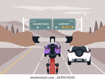 Two hands gripping a bike's handlebars head north on the highway, Cars occupy the lanes in front of the cyclist, with signs indicating directions to Downtown and the Airport