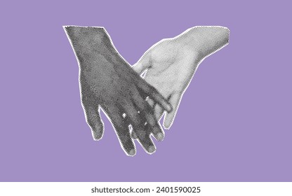 Two hands in halftone style. Collage element on purple background. 
