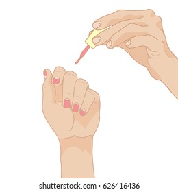 Two hands. Hand with a brush for manicure coloring nails pink