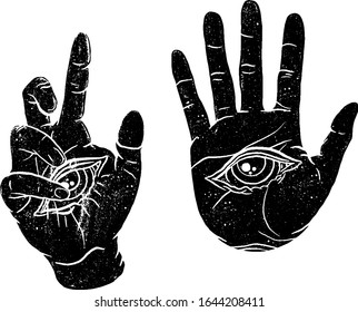 zwei Hände. Hand mit Auge. Symbol der Überheblichkeit. Magische Vektorillustration.  