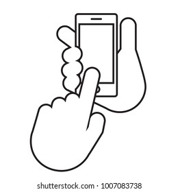 Two hands. The hand holds the smartphone. The second hand with the index finger makes a choice. Set Application Template illustration of a smartphone. Vector icons, emblem.