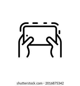 Two hands. The hand holds the smartphone. The second hand with the index finger makes a choice. Set Application Template illustration of a smartphone. Vector icons, emblem.