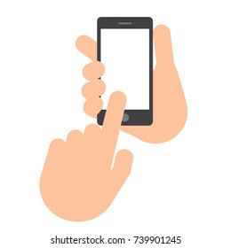 Two hands. The hand holds the smartphone. The second hand with the index finger makes a choice. Set Application Template illustration of a smartphone. Vector icons, emblem. Flat style