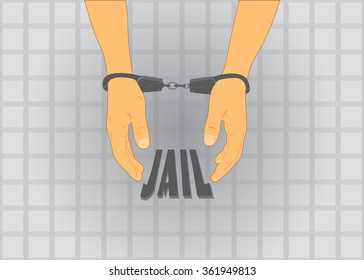 two hands in handcuffs to jail lattice background with the words