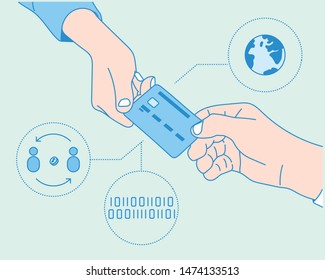 Two hands are handing a credit card and there are business icons around. hand drawn style vector design illustrations. 