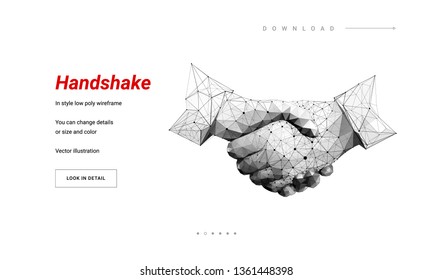 Two hands. Handshake. Abstract illustration isolated on white background. Low poly wireframe. Gesture hands. Business symbol.  Particles are connected in a geometric silhouette. Hi-tech 3d illustratio