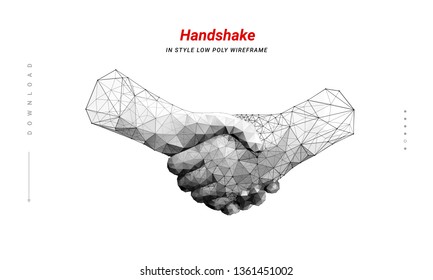 Two hands. Handshake. Abstract illustration isolated on white background. Low poly wireframe. Gesture hands. Business symbol.  Plexus lines and points in silhouette. Hi-tech 3d illustratio