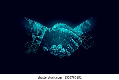 Two hands handshake business agreement. Low poly polygonal triangle professional work partnership.  