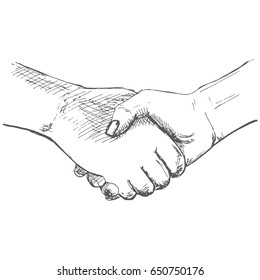 Two hands, handshake. Illustration in sketch style. Hand drawn vector illustrations.