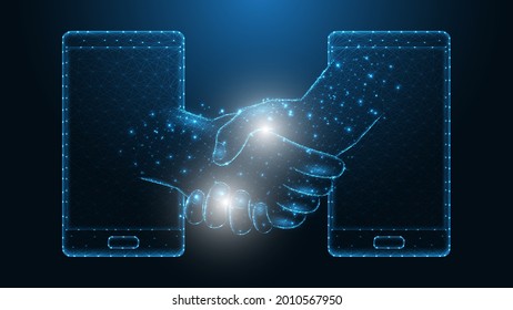 Two hands in handshake on smartphone. line connection. Low poly wireframe design. Abstract geometric background. vector illustration.