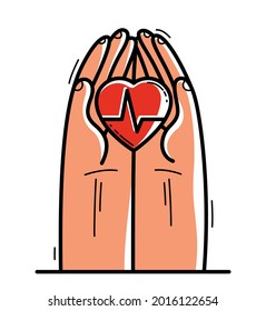 Two hands with heart and cardiogram protecting and showing care vector flat style illustration isolated on white, cherish and defense for health concept, cardiology theme.