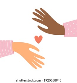 Two hands with a heart. Concept of support, trust, unity and love. Hand drawn colorful vector illustration.