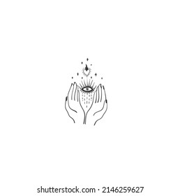 Two hands with a heart and eye. Line art for tattoo. Vector illustration.