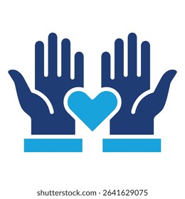 Two hands with heart flat icon. Charity and donation icon. Icon symbol of fund raising, humanity, philanthropy, compassion, help, love, care. Vector illustration, Blue color