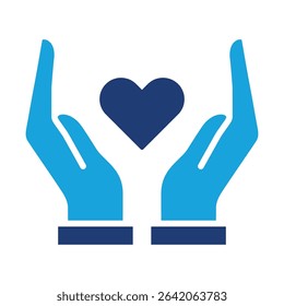 Two hands with heart flat icon. Charity and donation icon. Icon symbol of fund raising, humanity, philanthropy, compassion, help, love, care. Vector illustration, Blue color