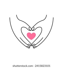Two hands with heart gesture. Line love symbol. Support, hope, care, charity, donation doodle sign. Vector illustration. Relationship, wedding, selfcare, marriege design.