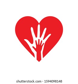 Two Hands in the Heart Icon as Orphan Children Adoption Metaphor. Helping or Loving Hands in the Red Heart