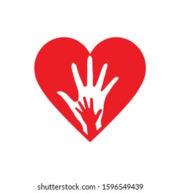 Two Hands in the Heart Icon as Orphan Children Adoption Metaphor. Great an Illustration or Logo for Child Adoption or Medical or kids Health Care Charity Agency on White Background