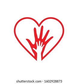 Two Hands in the Heart Icon as Orphan Children Adoption Metaphor. Helping or Loving Hands in the White Heart or Kids Health Care Charity Agency on White