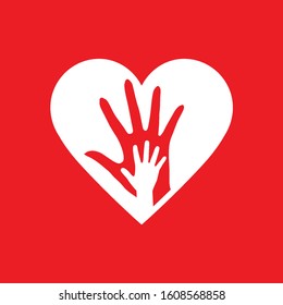 Two Hands in the Heart Icon as Orphan Children Adoption Metaphor. Great Illustration for Could be also used Church Logo or Donation Icon on Red Backdrop