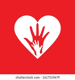 Two Hands in the Heart Icon as Orphan Children Adoption Metaphor. Great an Illustration or Logo for Child Adoption or Medical or kids Health Care Charity Agency on Red Background